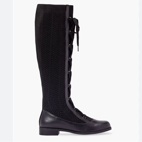 Polly Black Caviar Herringbone Textile Knit Tall Lace Up Pull On Combat Boots - Picture 2 of 16